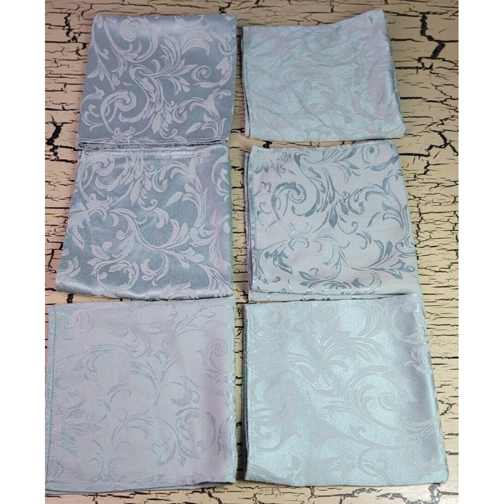 6 VTG Linen Napkin Set Damask Floral Swirl Green Shabby Chic Retro Summer Spring